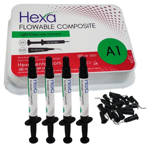 Hexa Flowable Composite A1 - 4 x 2 gm syringes and 20 bent Tips. Light cure