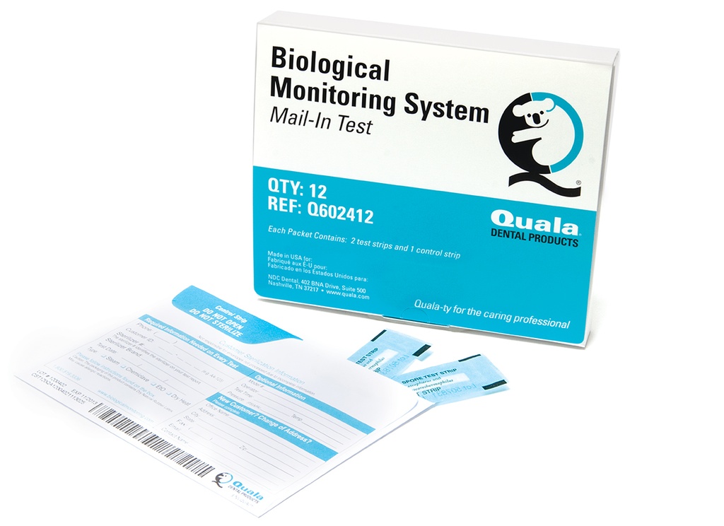 Biological Monitoring Mail-In Service (Monthly) Includes: (2) Bacterial Spore Test Strips &amp; (1) Control Strip, Postage-Paid Envelope. 12 tests/bx